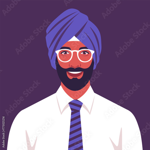 Portrait of a young Sikh man. The head of a guy with a beard in a turban. Portrait of a businessman. Vector flat illustration