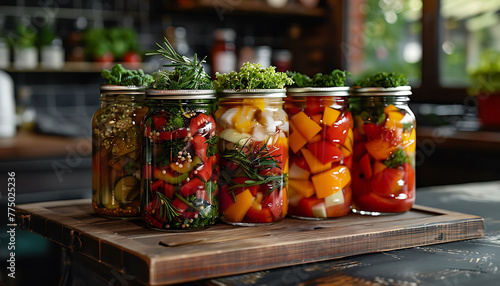 "Preserved Vegetables in Glass Jars on Kitchen Table"