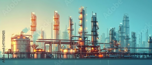 Oil refinery facility with large processing units pipelines and storage tanks refining petroleum products like gasoline diesel and jet fuel. Concept Oil Refinery Facilities, Processing Units photo