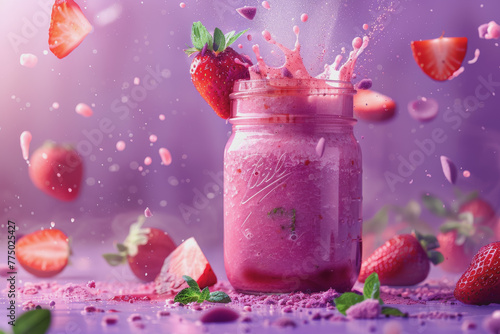 Healthy strawberry smoothie in a glass jar with splashes of water and delicious strawberries.