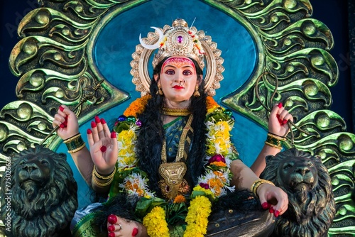 Beautiful idol of Maa Durga worshipped at a Mandal in Mumbai for the Navratri festival