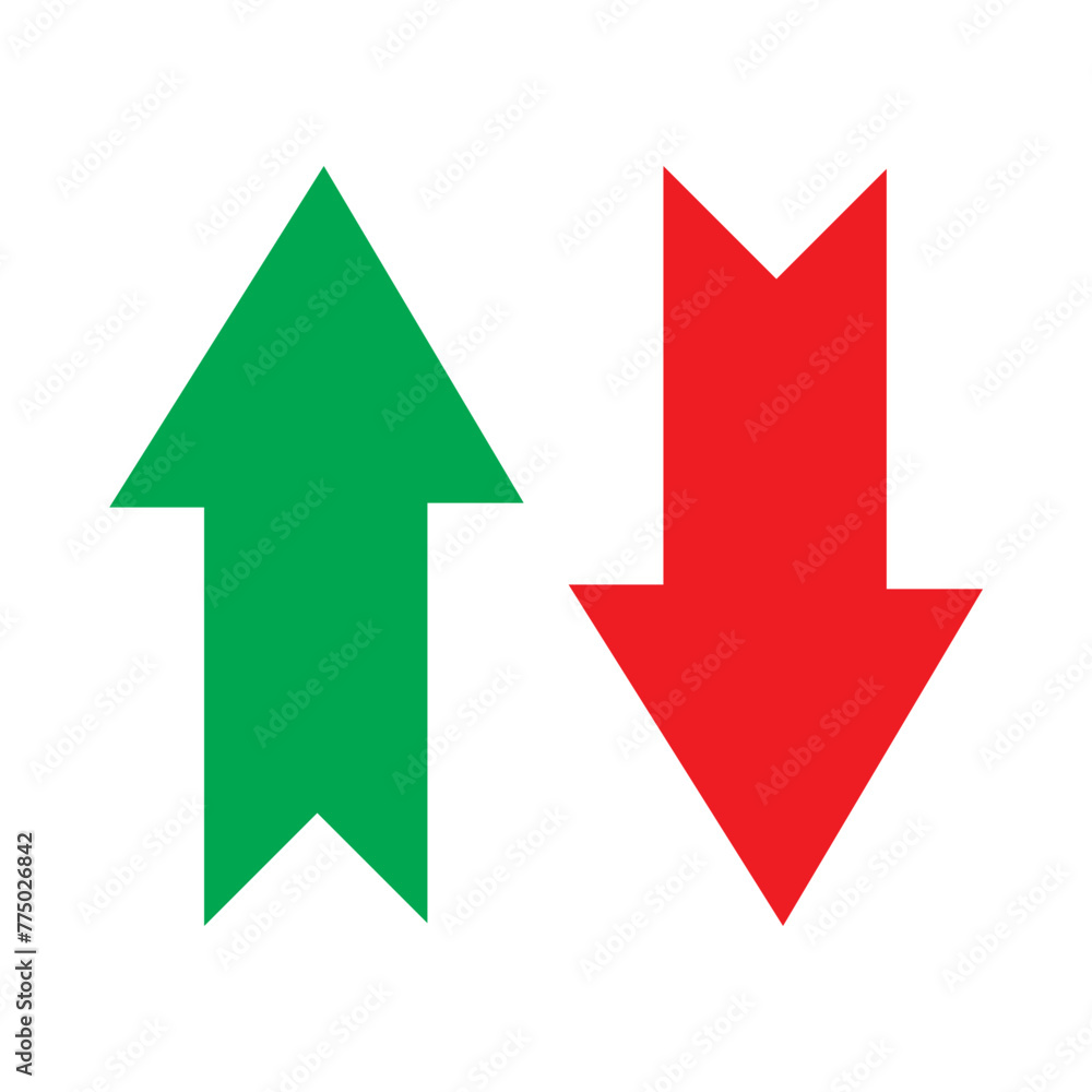 Up and down arrows. Upward, downward arrows in green and red isolated on white background, set of two. Flat style eps 10 vector illustration. Up and down arrows. Upward, downward arrows in green and red isolated on white background, set of two. Flat style eps 10 vector illustration.