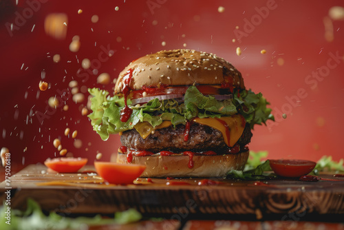 Big delicious hamburger with tomatoes and vegetables, cheese, and sauce on a red background. © PHAISITSAWAN
