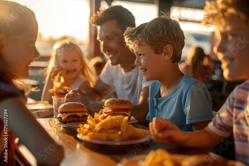 A family sitting together at a roadside diner during a road trip, enjoying a meal of burgers and fries.