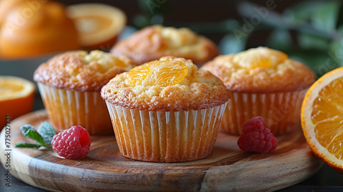 Orange muffins on a plate decorated with raspberries