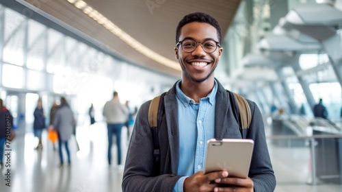 Smiling Man Holding Tablet at Airport