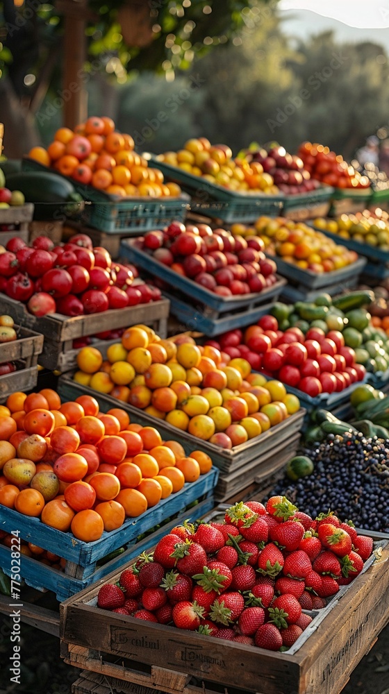 Fresh Produce Awaiting Shoppers at a Local Farmers Market A blur of colors from fruits and vegetables stands out Fresh Produce Awaiting Shoppers at a Local Farmers Market A blur of colors from fruits and vegetables stands out