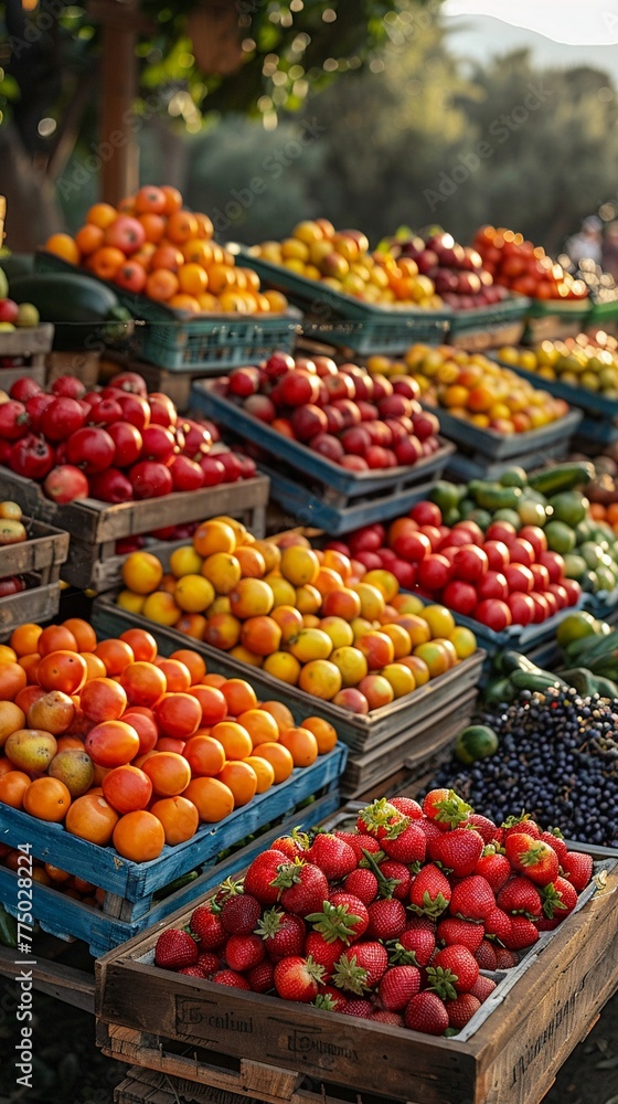 Fresh Produce Awaiting Shoppers at a Local Farmers Market A blur of colors from fruits and vegetables stands out