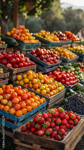 Fresh Produce Awaiting Shoppers at a Local Farmers Market A blur of colors from fruits and vegetables stands out