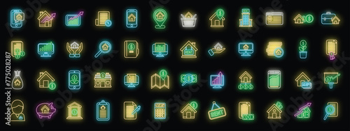 Property investments icons set outline vector. Investment broker. Agent estate neon color on black