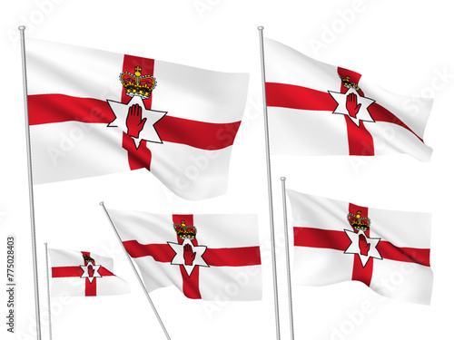 Northern Ireland vector flags set. 3D cloth pennants fluttering on the wind. EPS 8 created using gradient meshes isolated on white background. Five flagstaff design elements from world collection photo