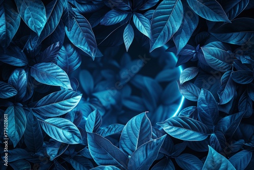 Circular blue neon light illuminates a collage of tropical leaves on a midnight black canvas. © Martin