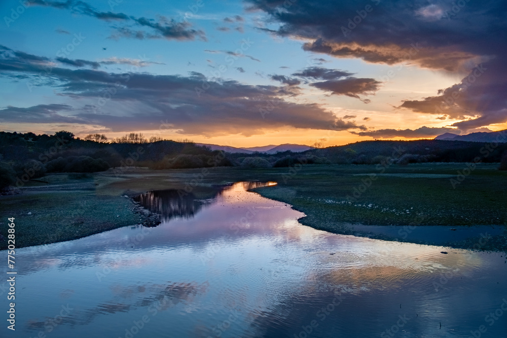 Beautiful sunset view over a river in the outskirts of Madrid, Spain