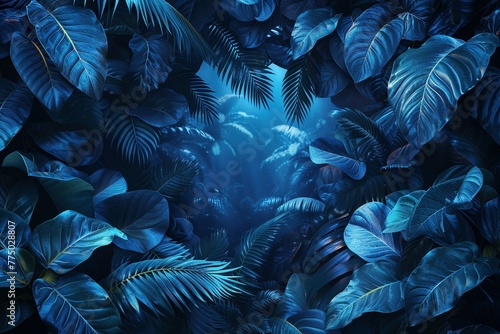 Digitally manipulated image: A glowing light blue neon frame surrounds tropical leaves on a dark background, evoking a junglepunk aesthetic photo