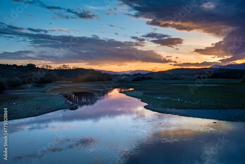 Beautiful sunset view over a river in the outskirts of Madrid  Spain