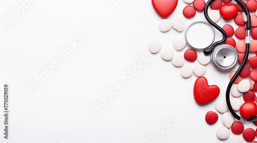 Stethoscope and red heart on white background with text space  photo shot