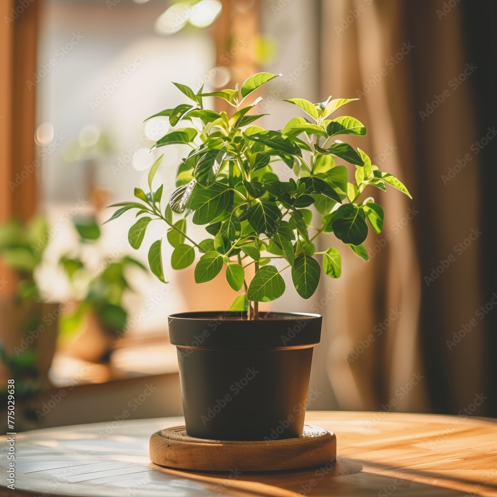 Young green plant in a black pot enjoying the golden hour light on a wooden table Young green plant in a black pot enjoying the golden hour light on a wooden table