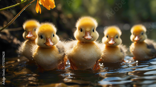 A group of fluffy ducklings waddling in a row, exploring the waters of a tranquil pond.