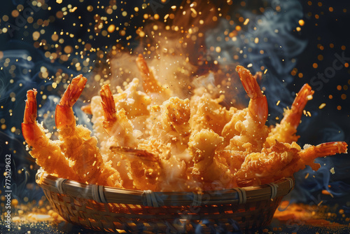 Delicious crispy tempura shrimp with oil splashes on a basket plate with a blurred background.