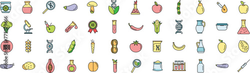 Gmo food icons set outline vector. Antibiotic corn. Gmo industry food thin line color flat on white