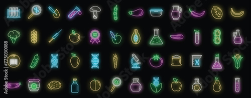 Gmo food icons set outline vector. Antibiotic corn. Gmo industry food neon color on black