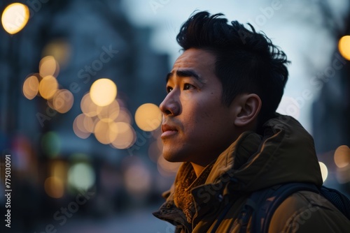 Portrait of a young Asian man in the city at night.