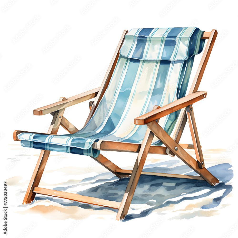 parasol summer beach chair  watercolor white and transparent background ai generated