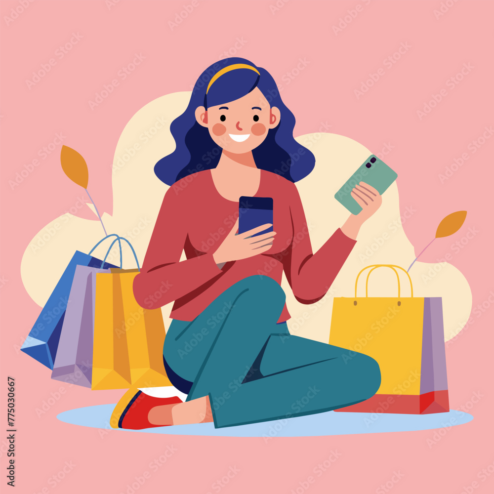 Flat style illustration with woman sitting and carrying shopping bags mobile phone in hands for promotional illustration Flat style illustration with woman sitting and carrying shopping bags mobile phone in hands for promotional illustration