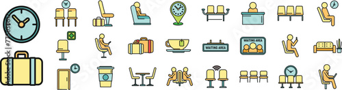 Waiting area icons set outline vector. Wait room. Area seat thin line color flat on white