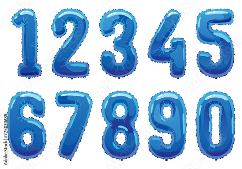 Helium blue balloons numbers. Realistic design elements, numeral character. Party decoration balloons or anniversary sign. glossy decorative digits illustration