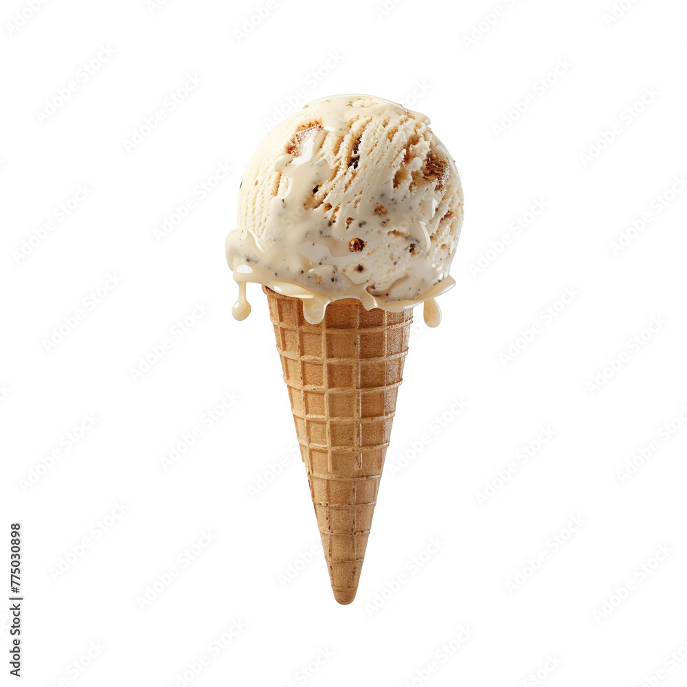 Front view of a delicious looking single honey fig ice cream scoop on a cone levitating in the air isolated on a white transparent background Front view of a delicious looking single honey fig ice cream scoop on a cone levitating in the air isolated on a white transparent background