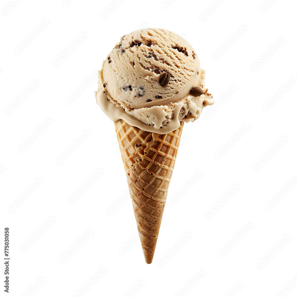 Front view of a delicious looking single mocha almond fudge ice cream scoop on a cone levitating in the air isolated on a white transparent background Front view of a delicious looking single mocha almond fudge ice cream scoop on a cone levitating in the air isolated on a white transparent background