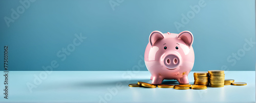 Sad and worried pink pig piggy bank next to a few gold coins, isolated on blue background. Investment failure, bankruptcy concept - Generative AI 