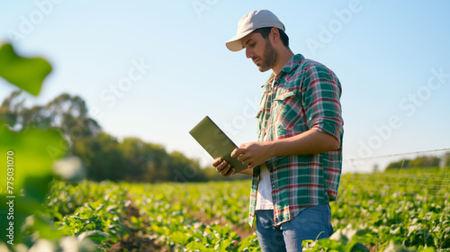 Homem usando um tablet no campo