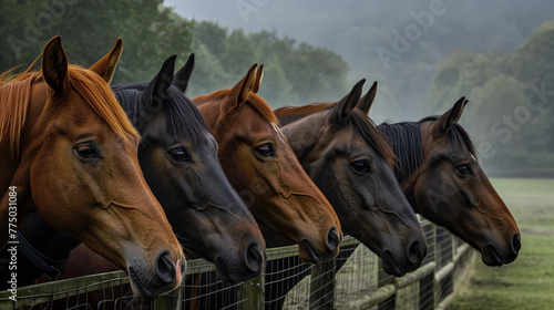 Cavalos enfileirados atrás de uma cerca no campo 