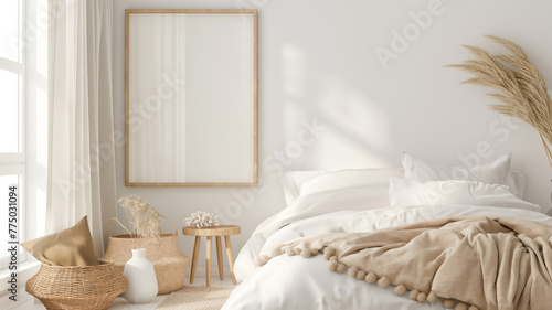 A simple bedroom in white tones that receives soft sunlight. Decorated with woven patterns and dried plants.