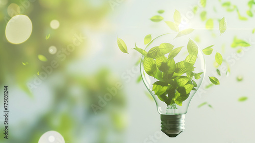 Lampada com folhas verdes dentro em um fundo verde, conceito ideia sustentável  photo