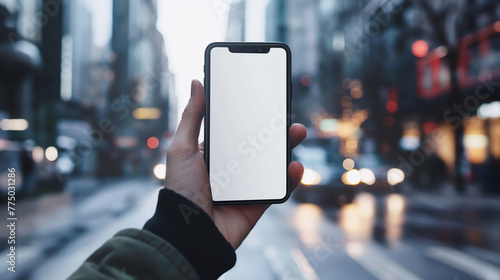 Mão segurando um celular em branco isolado photo