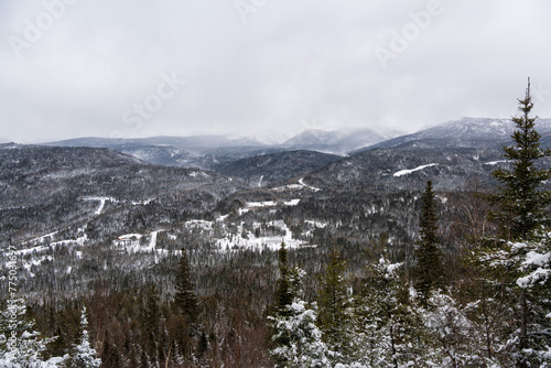 Background of snowy landscape with trees, clouds and fluffy snow and small town in mountain valley