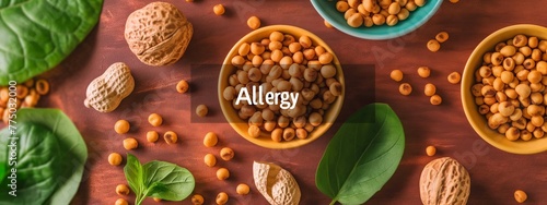 Bowls of chickpeas and nuts with "Allergy" label, health and nutrition theme.