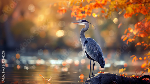 Grey heron standing on a rock by the lake at sunset. photo