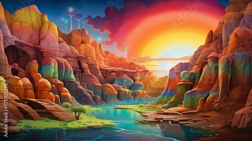 Otherworldly rainbow cliffs, whimsical hues, panoramic, sunrise, vibrant spectacle