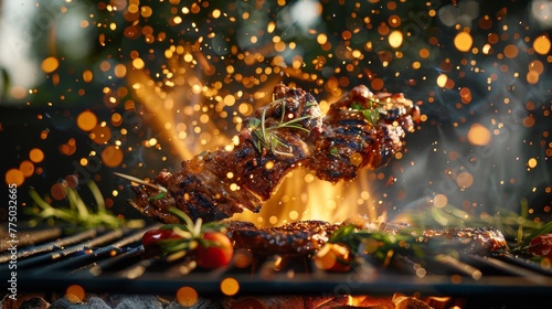 Grilled skewers with fiery sparks. © Thanunchnop