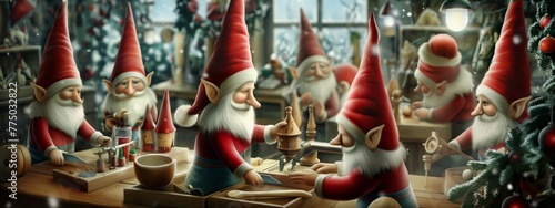  Festive workshop with multiple gnome figures crafting holiday items.