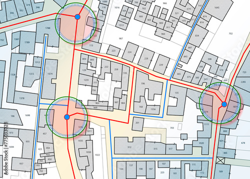 Plant network with city aqueduct concept with imaginaty cadastral map, hydraulic system lines and problem areas with drinking water leaks highlighted by circles