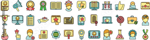 Experience icons set outline vector. Client satisfaction. Customer shake thin line color flat on white