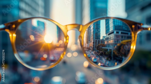 Glasses that reflect the urban landscape, which focuses on buildings and cars, symbolizing a clear vision of business success © Vadim