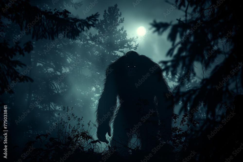 Bigfoot sighting in the dark woods. North American cryptid Sasquatch silhouette in the forest at night. - obrazy, fototapety, plakaty 