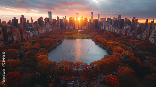 write 49 of the best-trending keywords on Adobe stock for this title (Aerial Helicopter Photo Over Central Park with Nature, Trees, People Having Picnic and Resting on a Field Around Manhattan Skyscra photo