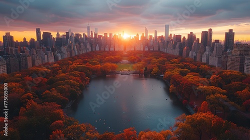 write 49 of the best-trending keywords on Adobe stock for this title (Aerial Helicopter Photo Over Central Park with Nature, Trees, People Having Picnic and Resting on a Field Around Manhattan Skyscra photo